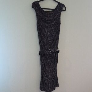 Limited Vintage Black Form-Fitting Midi Dress Cowl Neck Ruched Belted Size M